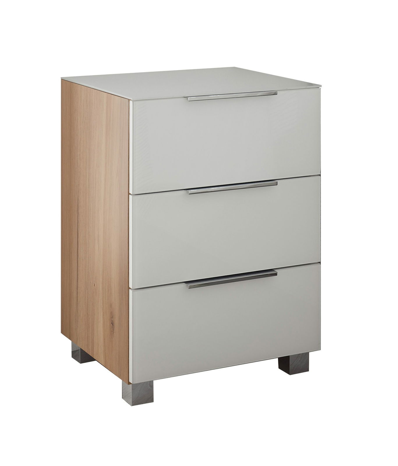 Moderne Nachtkommode mit drei Schubladen, Holzseiten und glänzender Front, seitliche Perspektive