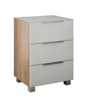 Moderne Nachtkommode mit drei Schubladen, Holzseiten und glänzender Front, seitliche Perspektive