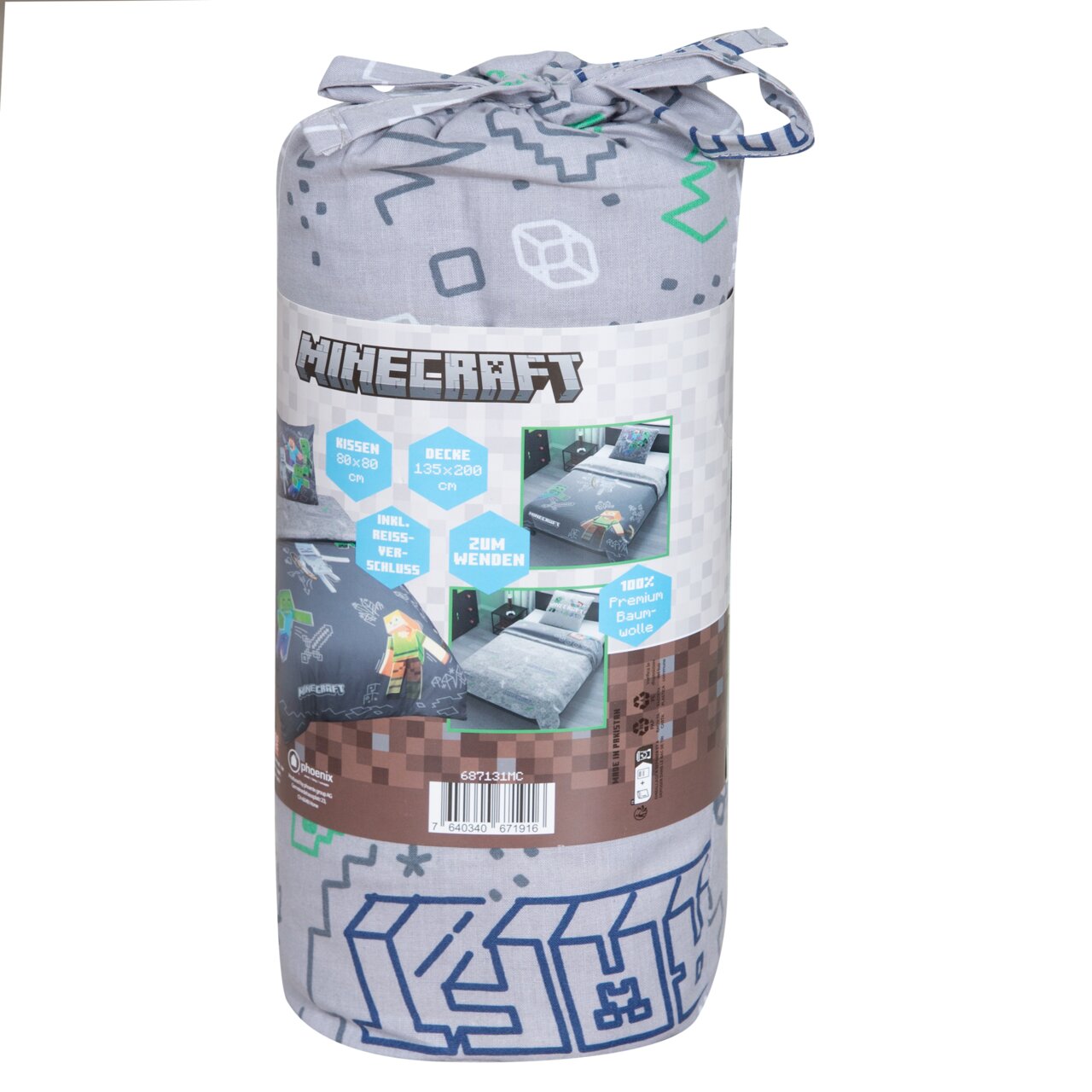 Minecraft Bettwäsche-Set in gerollter Verpackung mit Schleifenband, graues Design; Vorderansicht leicht von oben