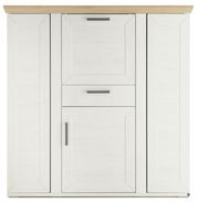 Frontale Ansicht eines weißen Highboards mit Karussell, Holzoberfläche und modernen Griffen.