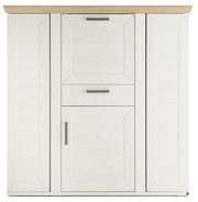 Frontale Ansicht eines weißen Highboards mit Karussell, Holzoberfläche und modernen Griffen.