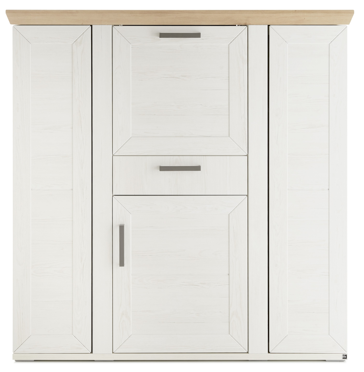 Frontale Ansicht eines weißen Highboards mit Karussell, Holzoberfläche und modernen Griffen.