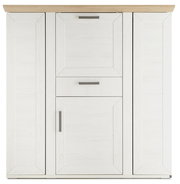 Frontale Ansicht eines weißen Highboards mit Karussell, Holzoberfläche und modernen Griffen.