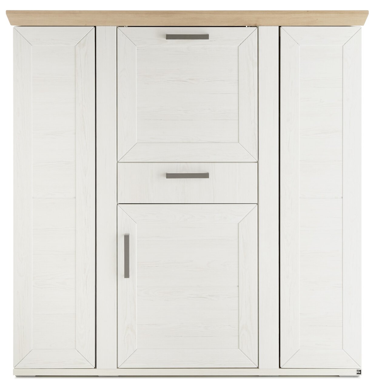 Frontale Ansicht eines weißen Highboards mit Karussell, Holzoberfläche und modernen Griffen.