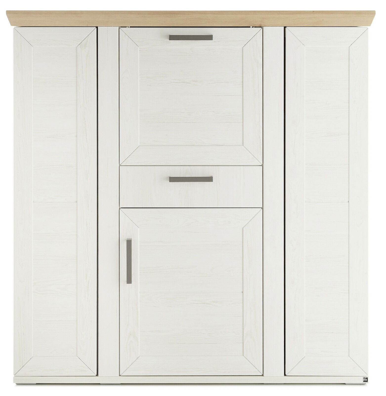 Frontale Ansicht eines weißen Highboards mit Karussell, Holzoberfläche und modernen Griffen.