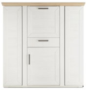 Frontale Ansicht eines weißen Highboards mit Karussell, Holzoberfläche und modernen Griffen.