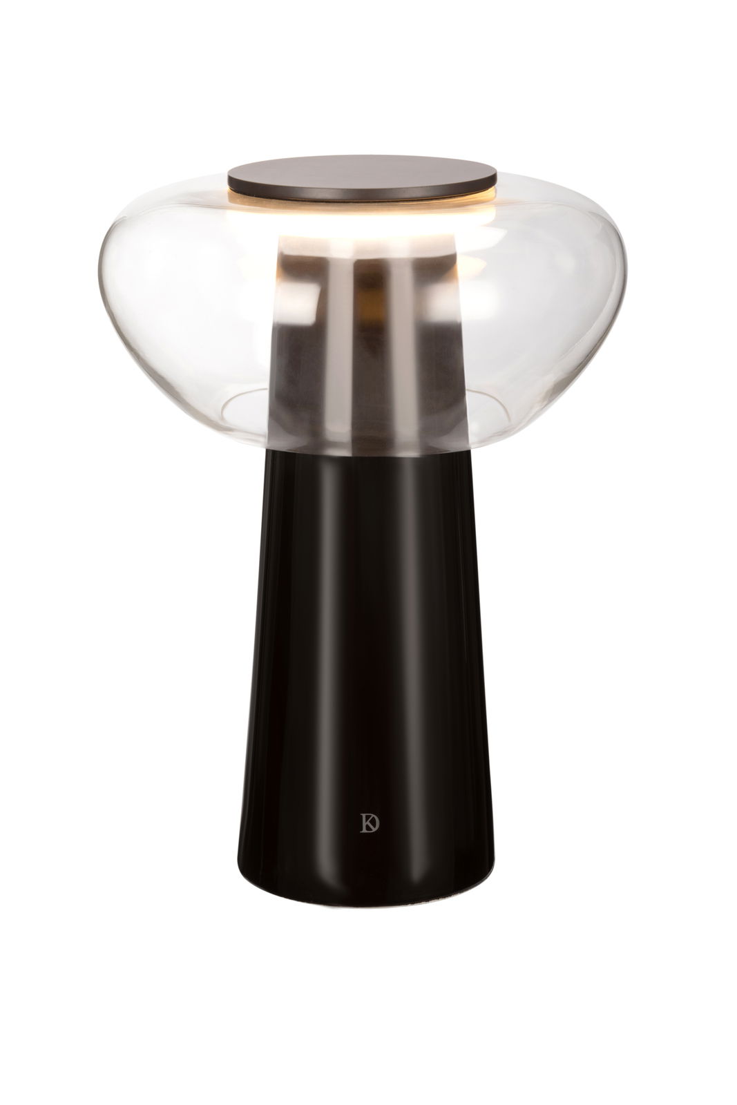 Dieter Knoll LED-Tischleuchte Moderne LED-Tischleuchte mit schwarzem Sockel und transparentem, gläsernem Schirm, seitliche Perspektive