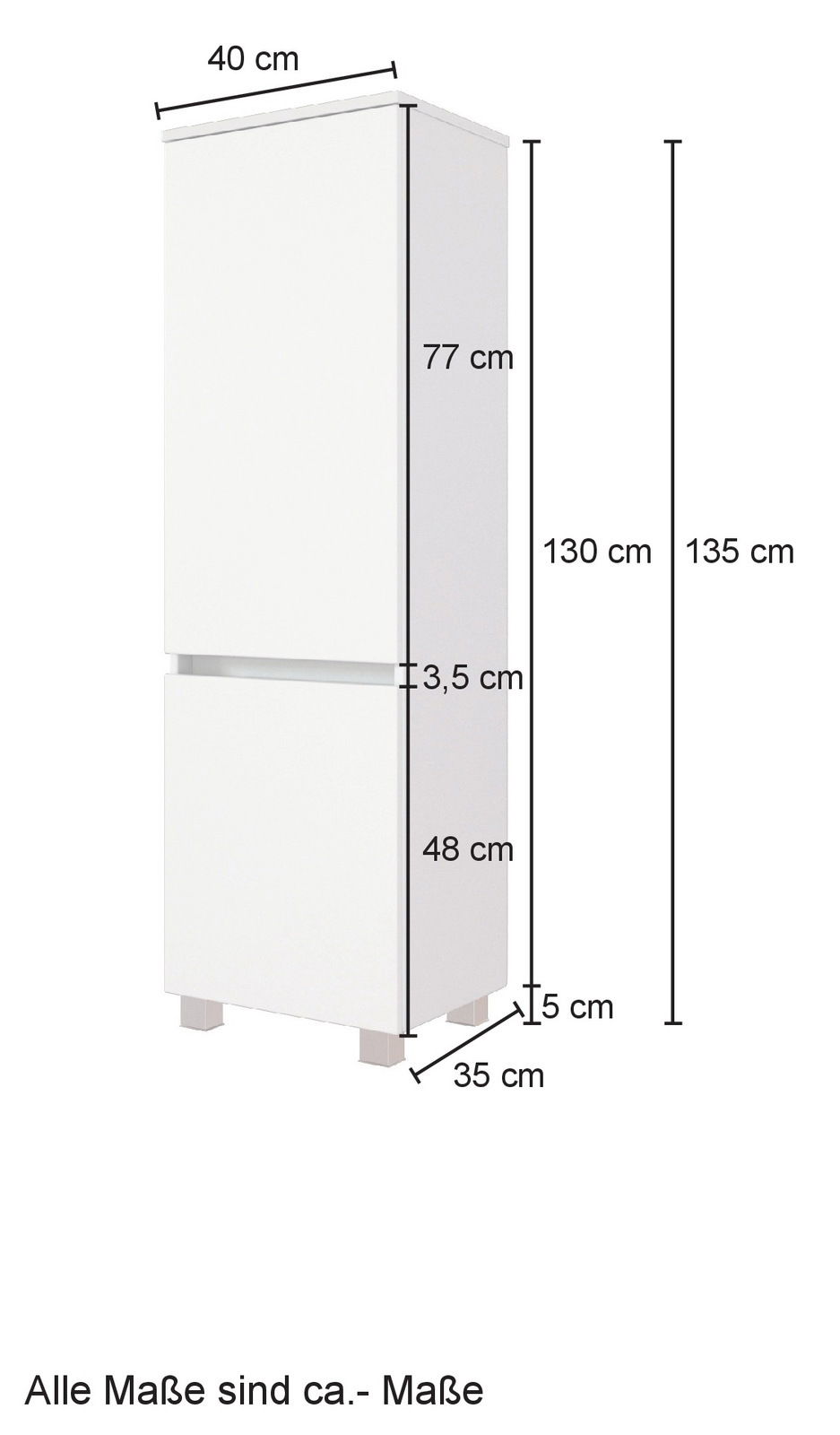 Weißer Midischrank mit zwei Türen, seitliche Perspektive, Maße: 40 cm Breite, 35 cm Tiefe, 135 cm Höhe.
