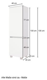 Weißer Midischrank mit zwei Türen, seitliche Perspektive, Maße: 40 cm Breite, 35 cm Tiefe, 135 cm Höhe.