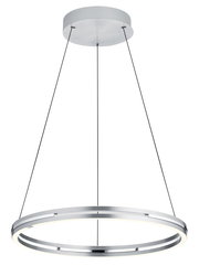 Moderne LED-Pendelleuchte in Ringform, silberfarben, von unten betrachtet.