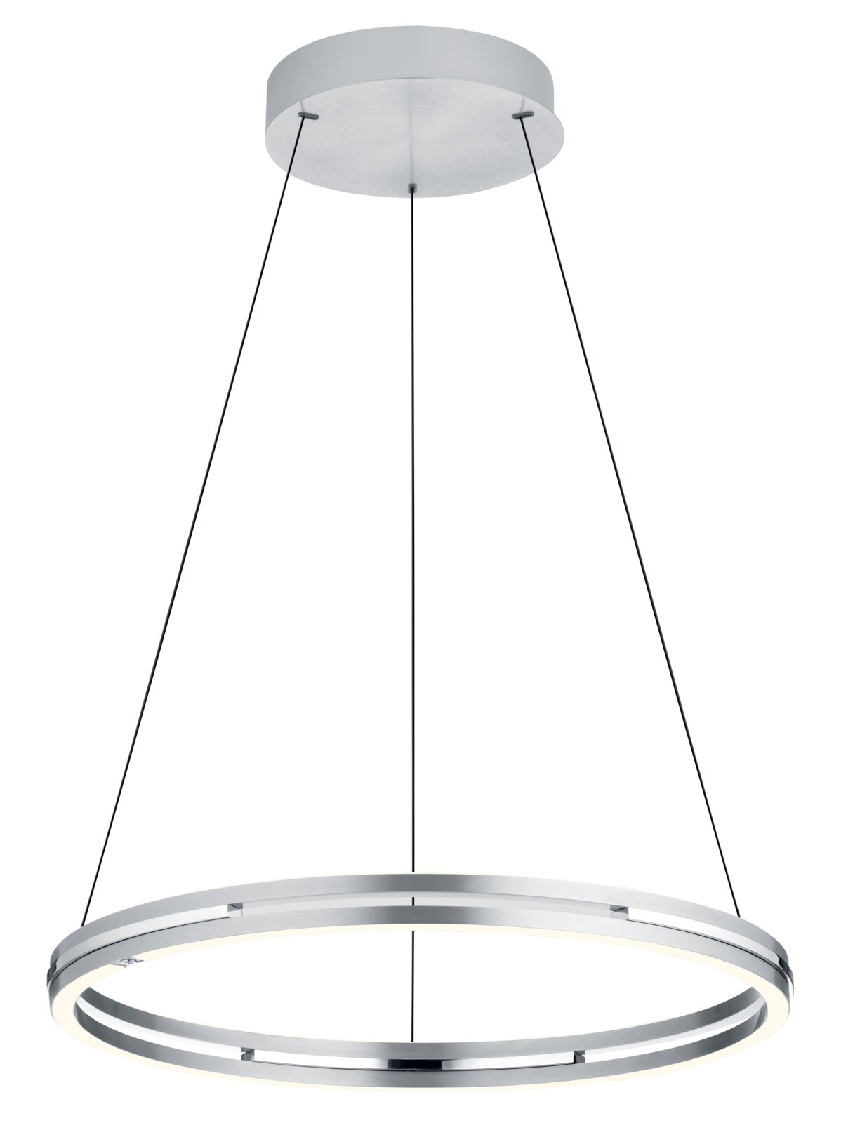 Moderne LED-hanglamp in ringvorm, zilverkleurig, gezien van onderaf.