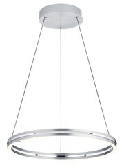 Moderne LED-Pendelleuchte in Ringform, silberfarben, von unten betrachtet.