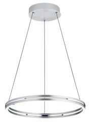 Moderne LED-hanglamp in ringvorm, zilverkleurig, gezien van onderaf.