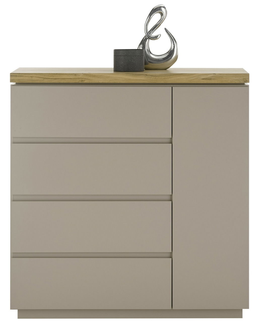 Moderne Kommode mit vier Schubladen und einer Tür, Holzoberfläche, dekoriert mit einer Skulptur und einem kleinen Behälter, Frontalansicht