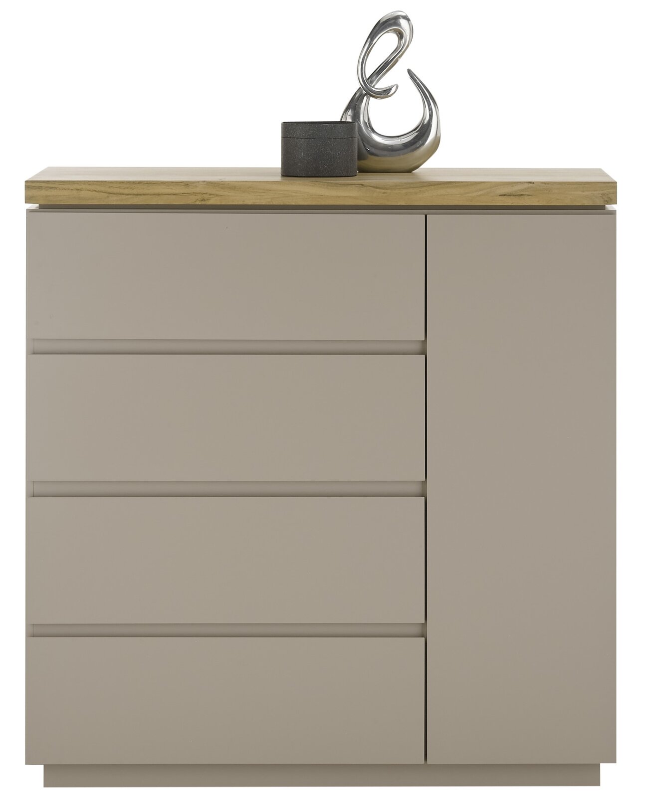 Moderne Kommode mit vier Schubladen und einer Tür, Holzoberfläche, dekoriert mit einer Skulptur und einem kleinen Behälter, Frontalansicht