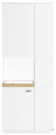 Vitrine mit Glasausschnitt links, weiße Fronten, Holzdetail, Frontalansicht