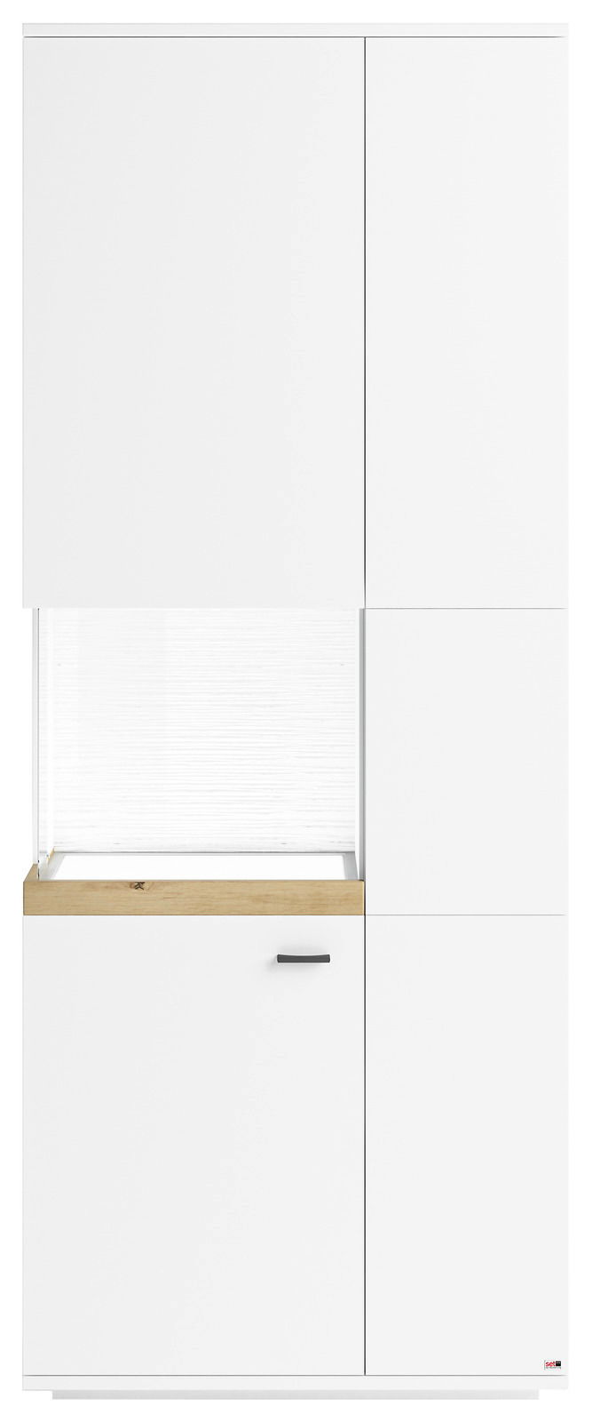 Vitrine mit Glasausschnitt links, weiße Fronten, Holzdetail, Frontalansicht