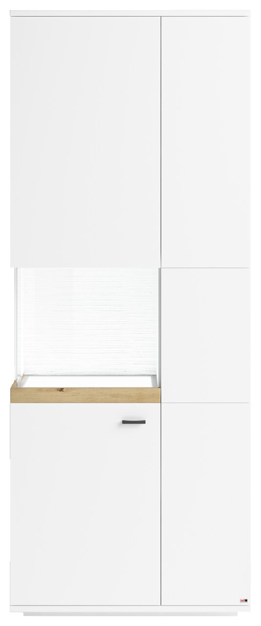 Vitrine mit Glasausschnitt links, weiße Fronten, Holzdetail, Frontalansicht