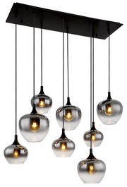 Moderne hanglamp met acht rookgrijze glazen bollen, die aan een zwarte plafondplaat hangen. Aanzicht van onderaf.