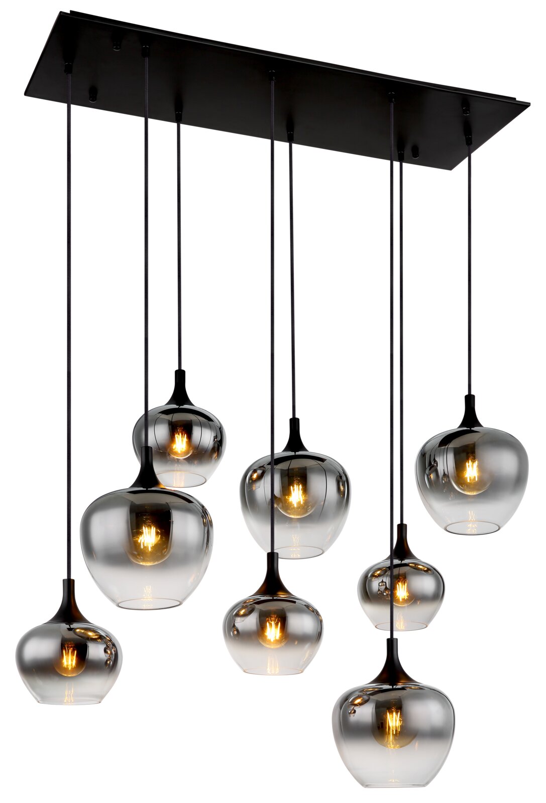 Moderne hanglamp met acht rookgrijze glazen bollen, die aan een zwarte plafondplaat hangen. Aanzicht van onderaf.