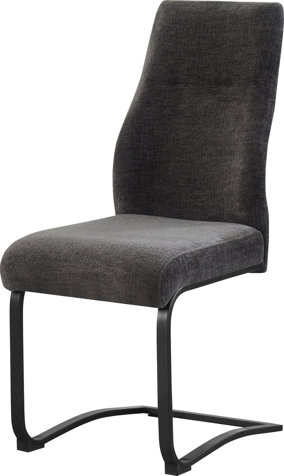 Dunkelgrauer Polsterstuhl mit hoher Rückenlehne und schwarzem Freischwinger-Metallgestell, schräg von vorne links fotografiert