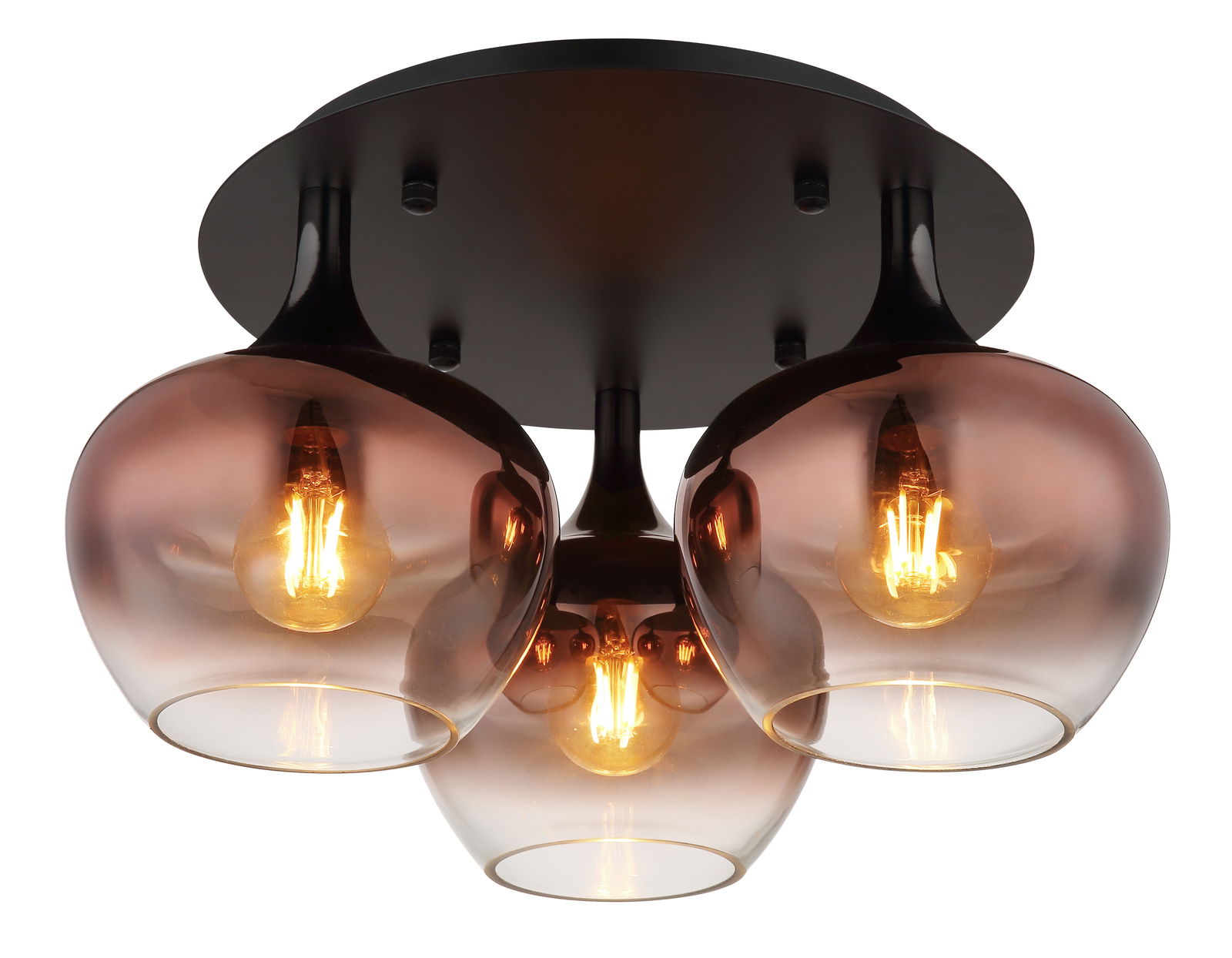 Globo Lighting Deckenleuchte MAXY Moderne Deckenleuchte MAXY mit drei rauchfarbenen Glaskugeln, von unten betrachtet.