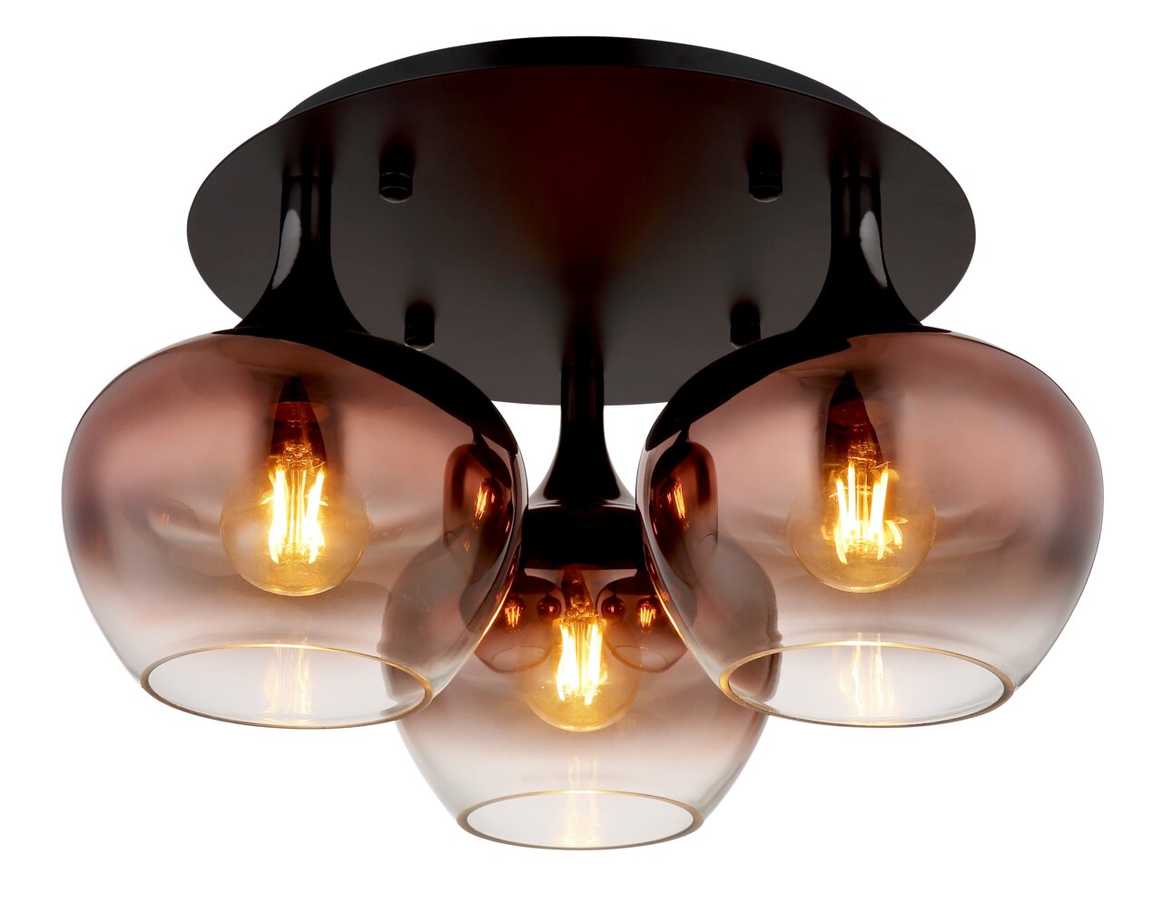 Moderne Deckenleuchte MAXY mit drei rauchfarbenen Glaskugeln, von unten betrachtet.