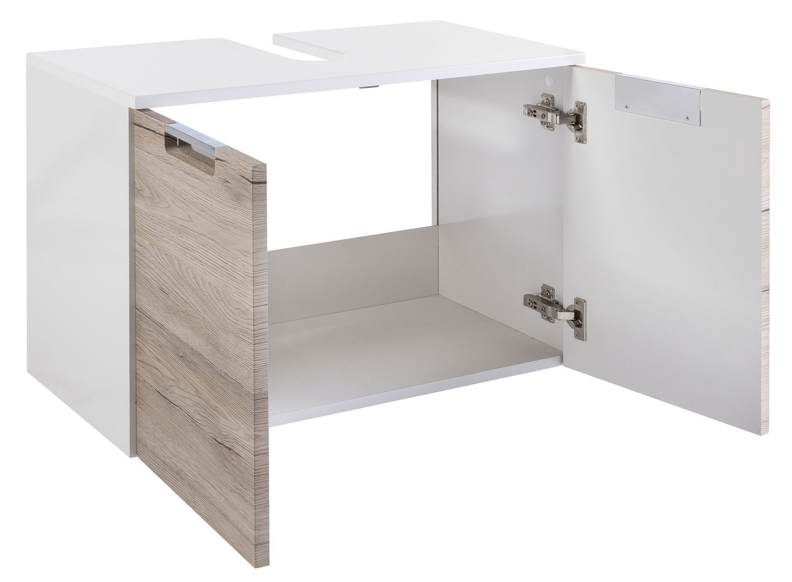 Waschbeckenunterschrank mit zwei offenen Türen, weiße Oberfläche und Holzoptik, seitliche Perspektive