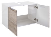 Waschbeckenunterschrank mit zwei offenen Türen, weiße Oberfläche und Holzoptik, seitliche Perspektive