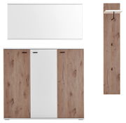 Garderoben-Set mit modernem Design, bestehend aus einem großen Spiegel, einem Schrank mit Holzlamellen und einer Wandgarderobe mit Haken, frontal abgebildet.