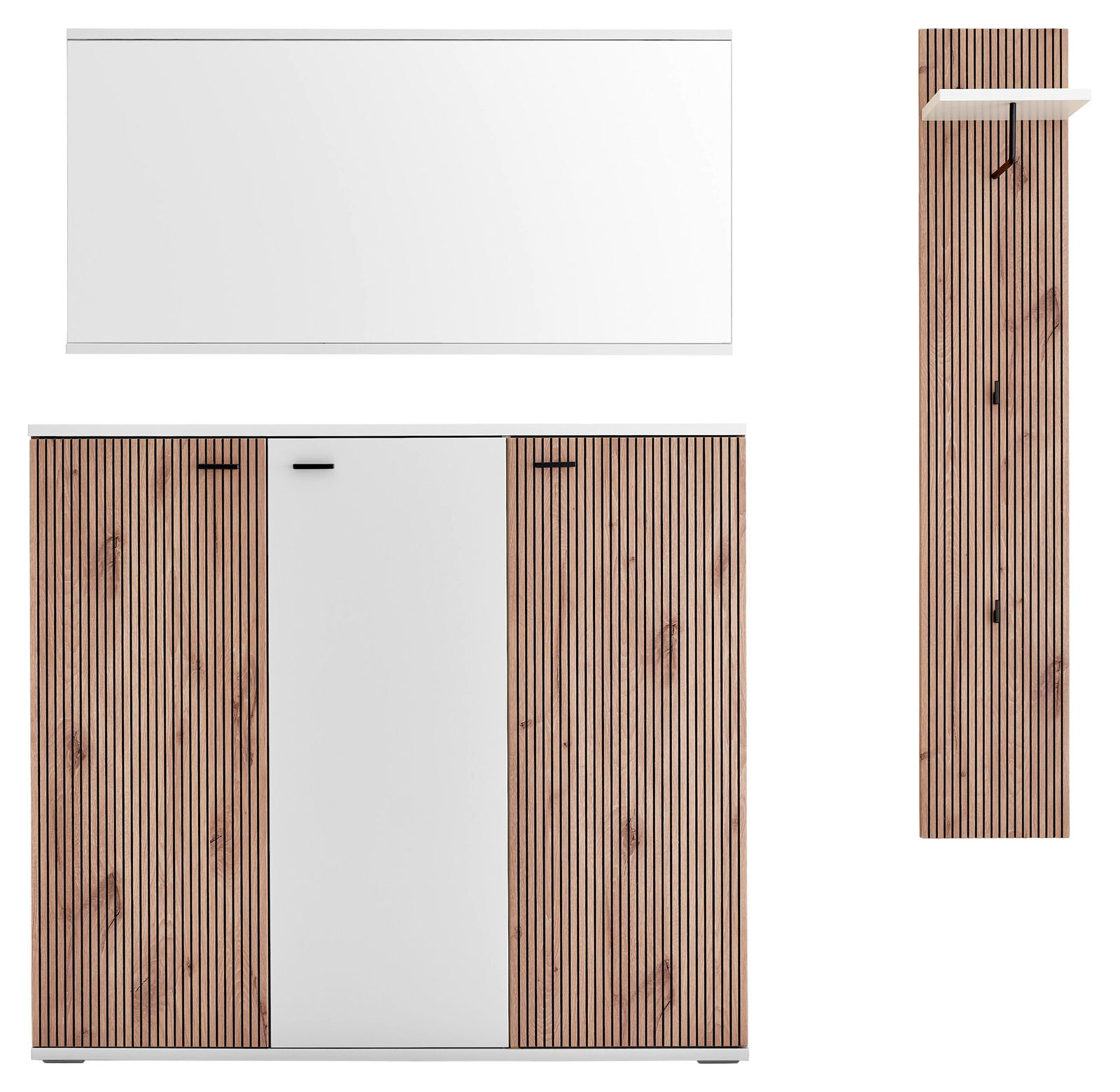 Garderoben-Set mit modernem Design, bestehend aus einem großen Spiegel, einem Schrank mit Holzlamellen und einer Wandgarderobe mit Haken, frontal abgebildet.