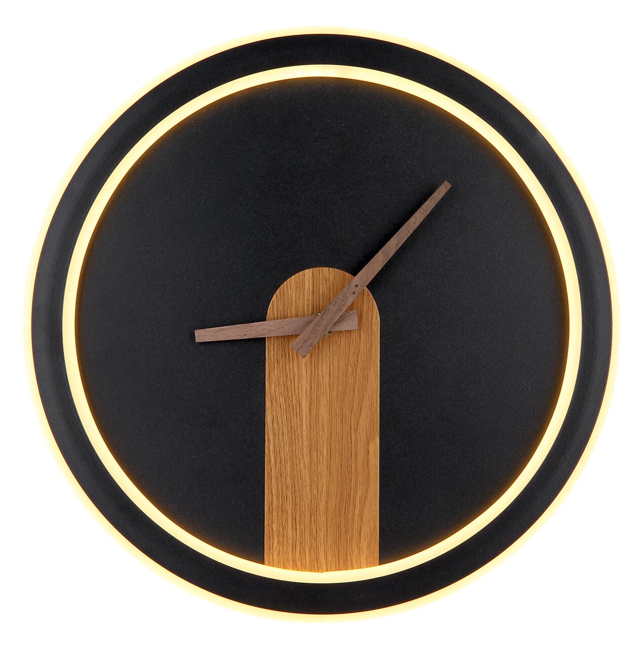 Moderne Wanduhr SUSSY mit schwarzem Zifferblatt, Holzzeigern und Holzdekor, beleuchtetem Rand, Frontalansicht.