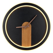 Moderne Wanduhr SUSSY mit schwarzem Zifferblatt, Holzzeigern und Holzdekor, beleuchtetem Rand, Frontalansicht.