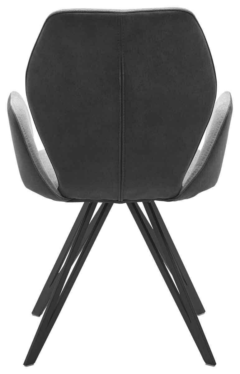 Rückansicht eines modernen Armlehnenstuhls mit schwarzem Bezug und Metallbeinen.