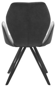 Rückansicht eines modernen Armlehnenstuhls mit schwarzem Bezug und Metallbeinen.