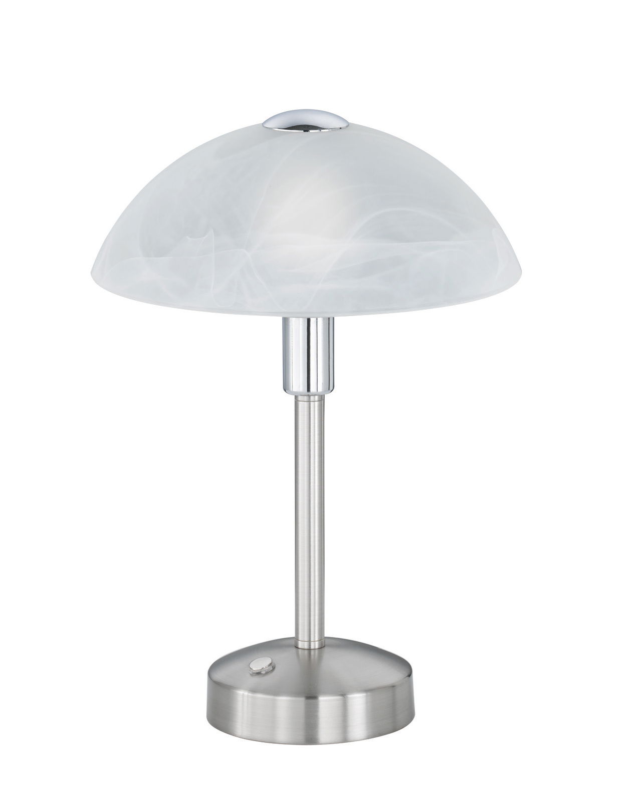 Moderne LED-Tischleuchte mit Touch-Funktion, silberner Sockel und Stiel, halbrunder weißer Schirm, seitliche Perspektive