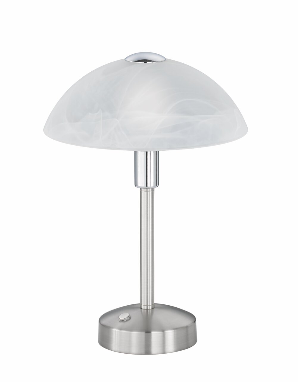 Moderne LED-Tischleuchte mit Touch-Funktion, silberner Sockel und Stiel, halbrunder weißer Schirm, seitliche Perspektive