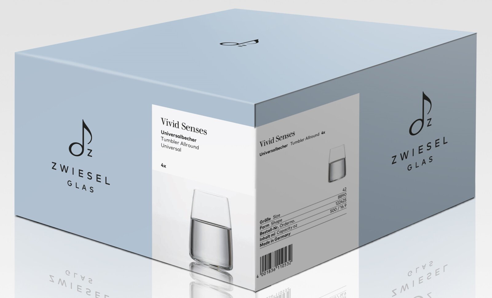 Zwiesel Glas Vivid Senses Universalbecher/Tumbler Allround 4er-Set (500 ml) in hellblauer Produktverpackung, schräg von vorn/seitlich in 3/4-Perspektive fotografiert