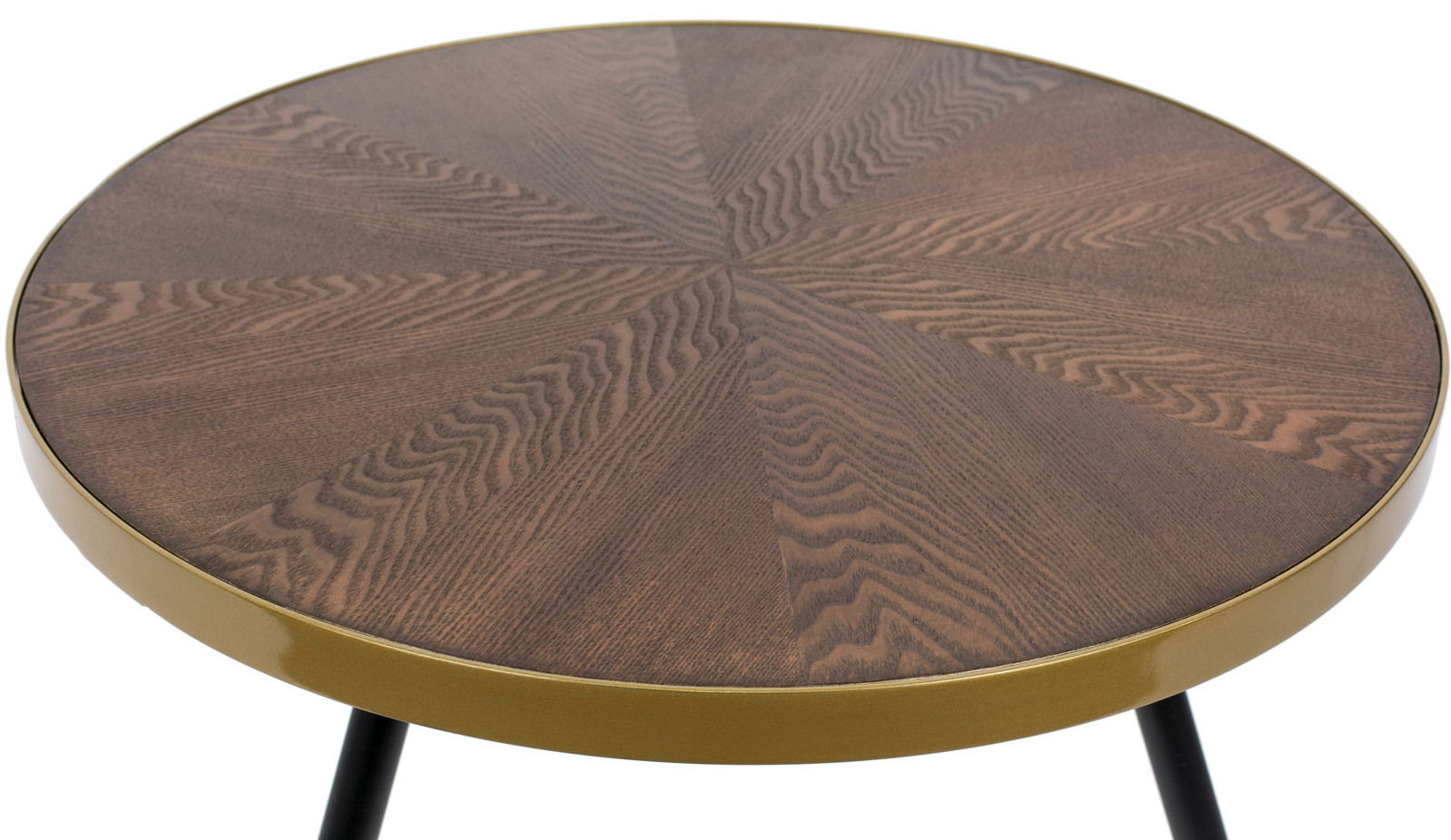 Runder Couchtisch mit Holzfurnier und goldfarbenem Rand, aus der Vogelperspektive fotografiert.