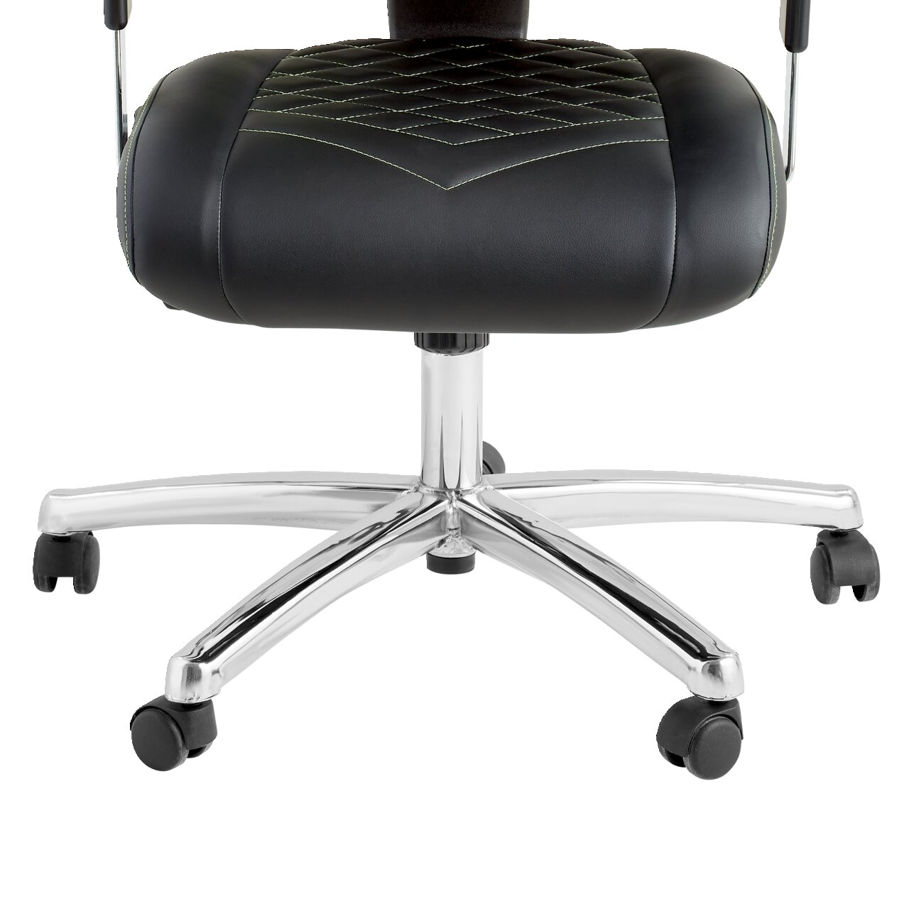 Gaming Stuhl mit schwarzem Sitzpolster und verchromtem Fußkreuz, seitliche Perspektive