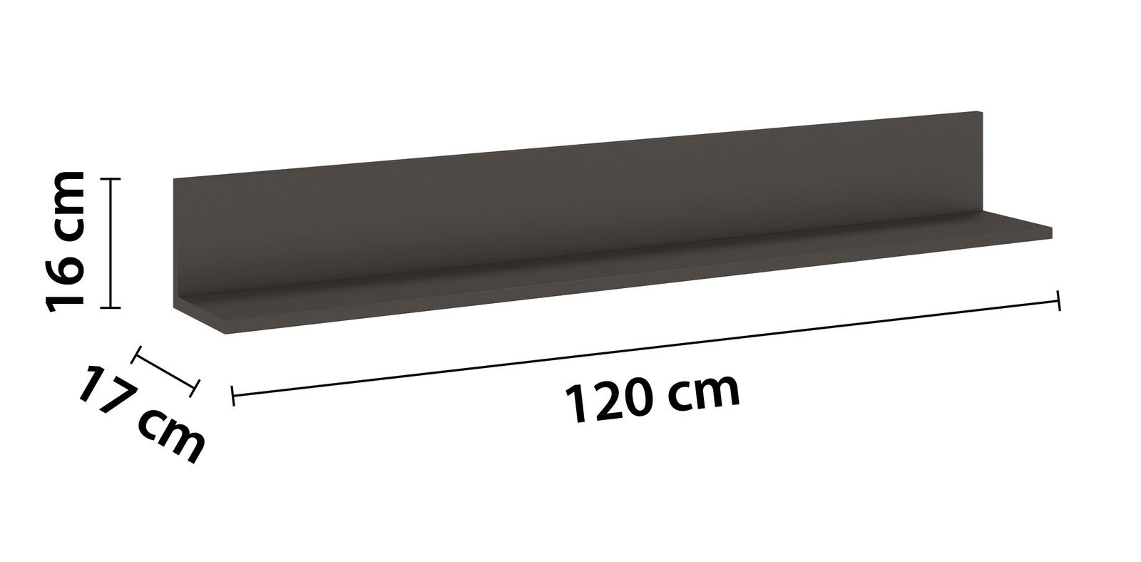 Schwarzes Wandregal mit den Maßen 120 cm Breite, 16 cm Höhe und 17 cm Tiefe, seitliche Perspektive