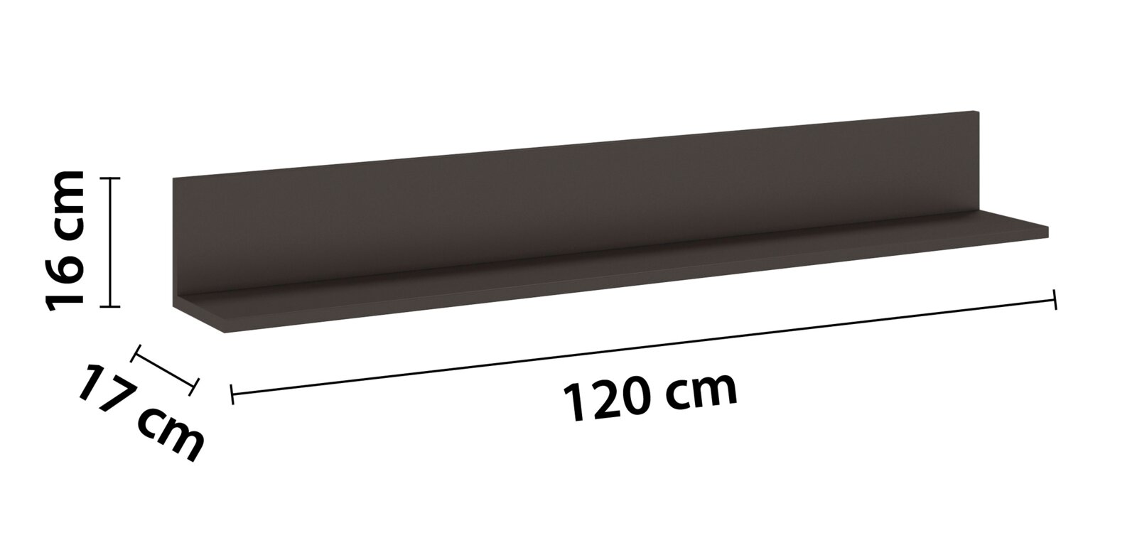 Zwarte wandplank met de afmetingen 120 cm breed, 16 cm hoog en 17 cm diep, zijaanzicht