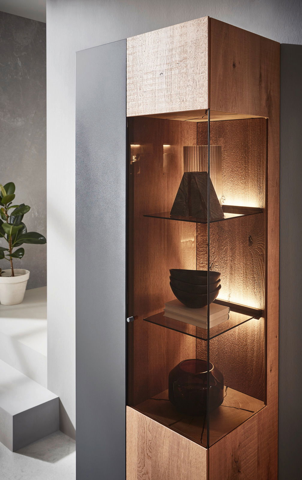 Moderne Wandkombination Valnatura LOVIS aus Holz und Glas, seitliche Perspektive mit dekorativer Beleuchtung und Regalen.