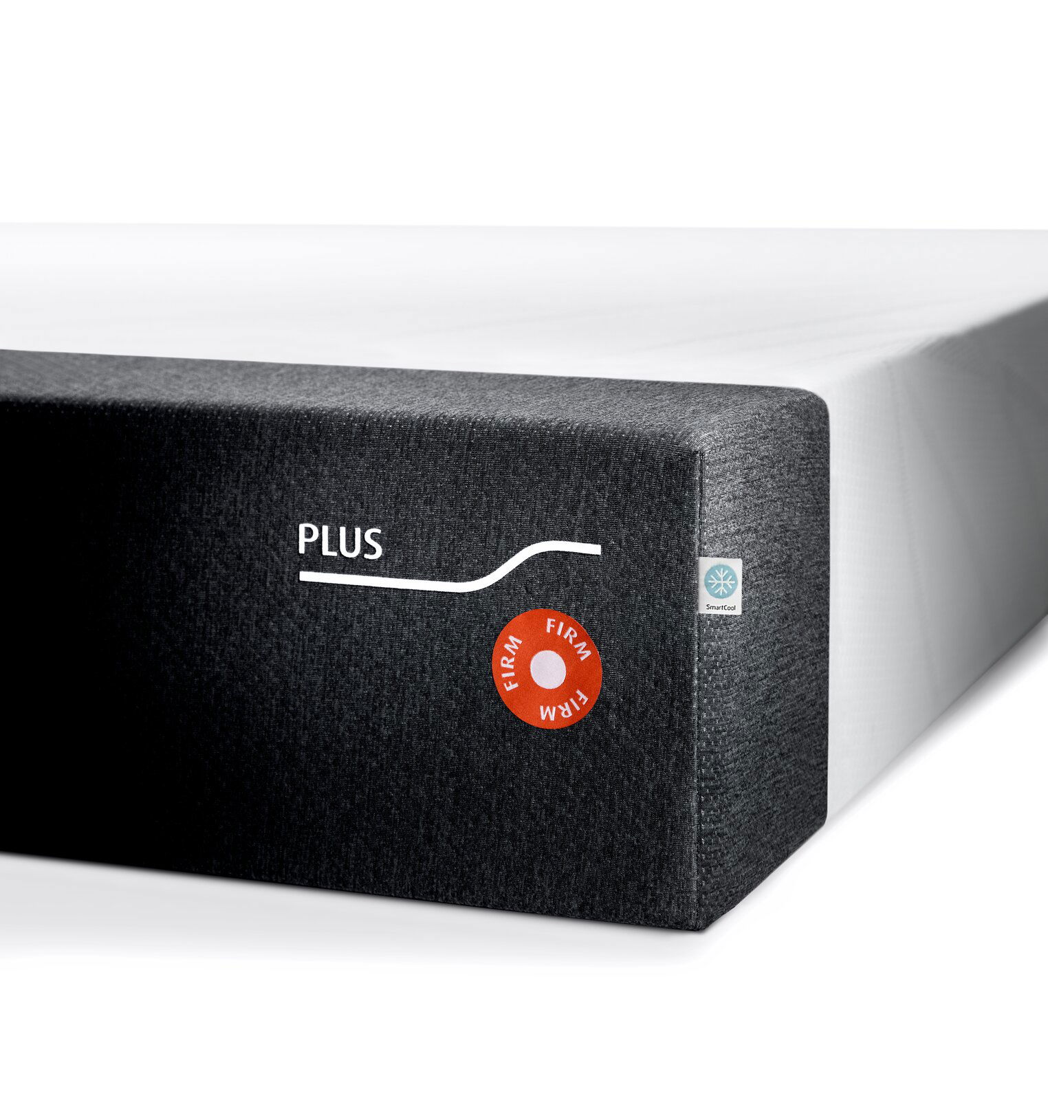 Tempur Viscomatratze 80x210 firm FORM PLUS FIRM Ecke einer Viscomatratze mit grauem Bezug und Aufschrift 'PLUS' sowie 'FIRM' Siegel, seitliche Perspektive