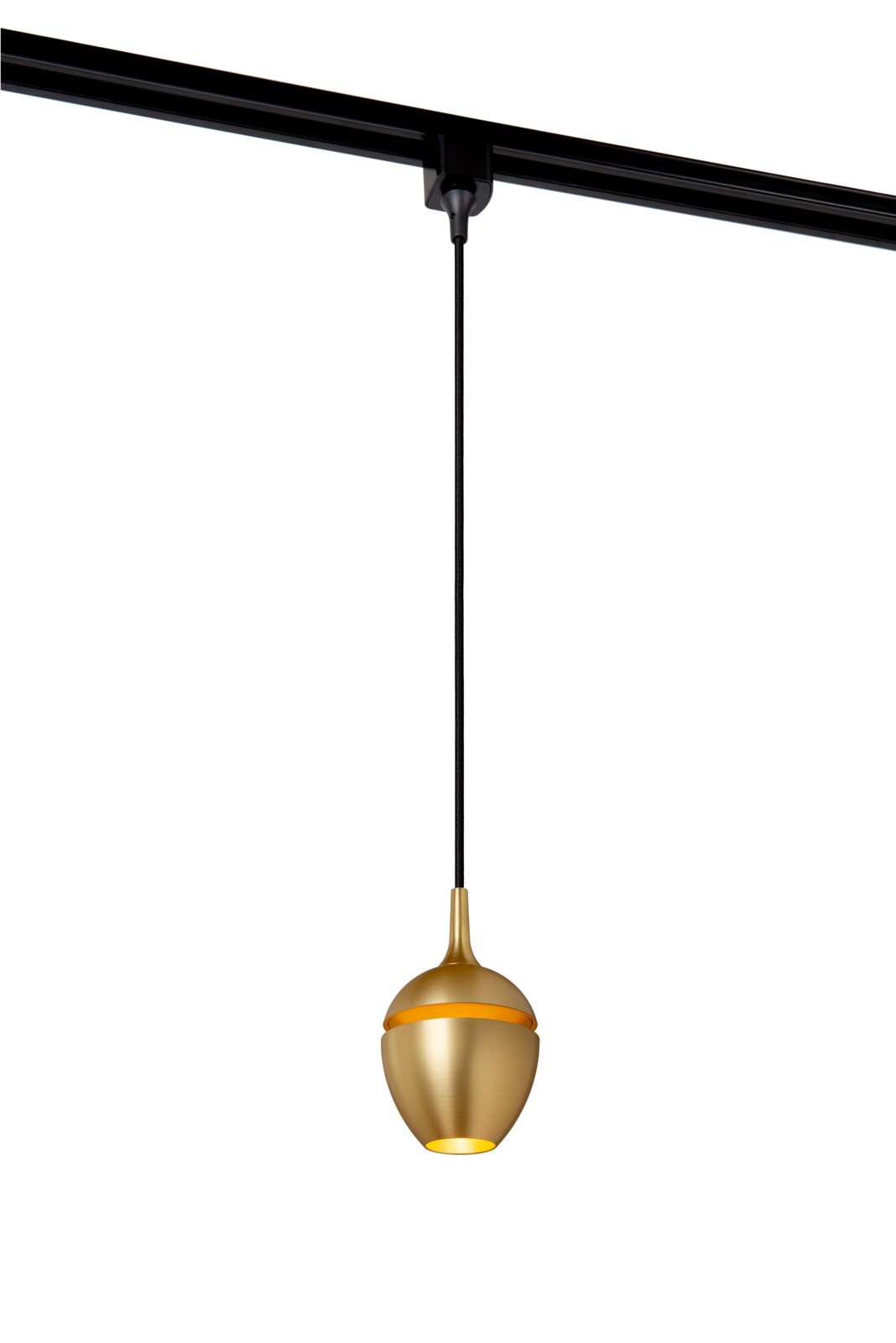 Pendelleuchte PRESTON in mattgold, seitliche Perspektive, hängend an einer schwarzen Schiene.