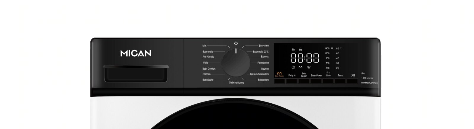 Frontansicht des Bedienfelds einer MICAN Frontlader-Waschmaschine in Schwarz mit Drehwahlschalter, digitalem Display und Programmauswahl (u. a. Eco 40–60, Baumwolle, Feinwäsche), 8 kg, 1400 U/min.