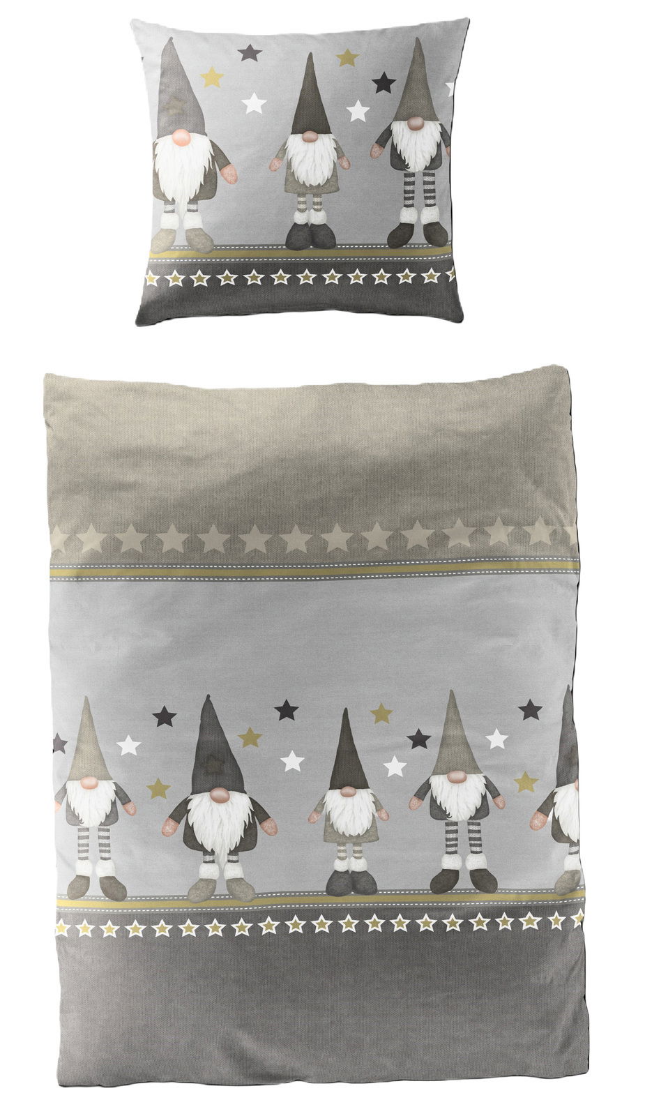 Bettwäsche-Set mit grauem Hintergrund, verziert mit niedlichen Wichteln und Sternen, aus der Vogelperspektive fotografiert.