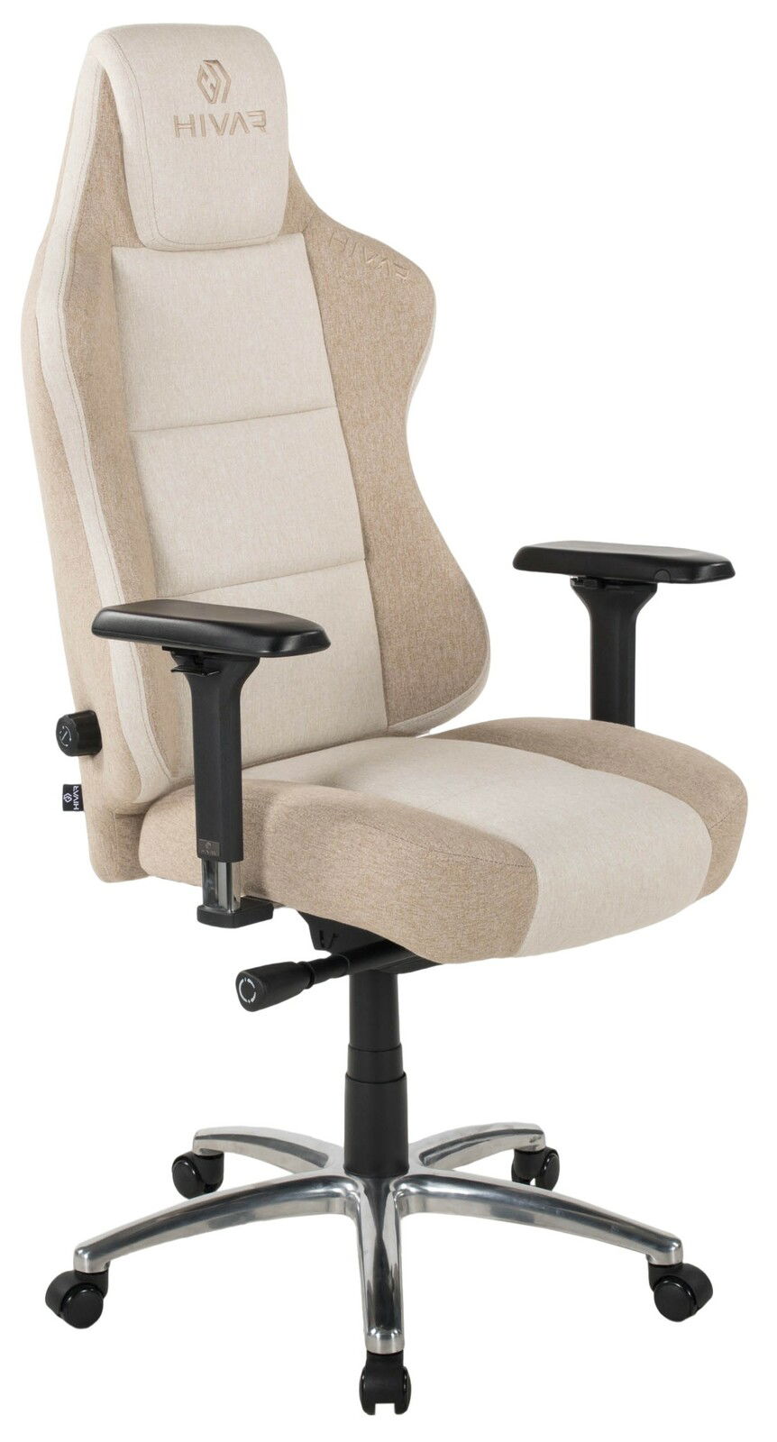 Beiger Gaming Stuhl mit verstellbaren Armlehnen und ergonomischem Design, seitliche Perspektive