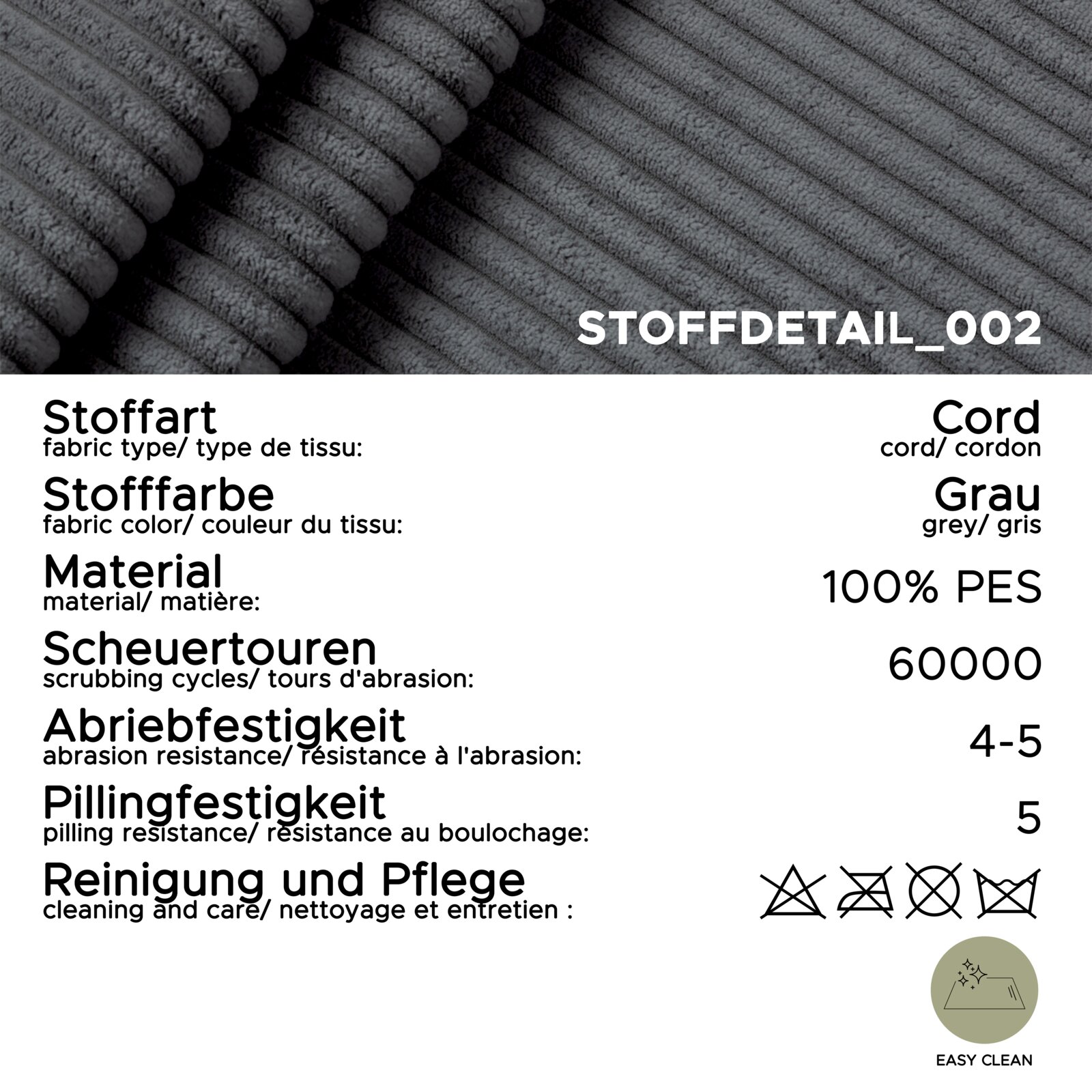 Detailansicht eines grauen Cordstoffs, geeignet für ein Sofa in L-Form links.