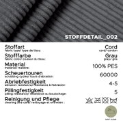 Detailansicht eines grauen Cordstoffs, geeignet für ein Sofa in L-Form links.